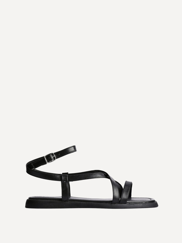 Linzi Black Faux Leather Strappy Flat Sandals