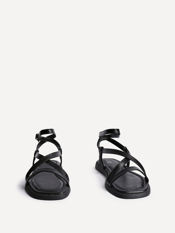 Linzi Black Faux Leather Strappy Flat Sandals