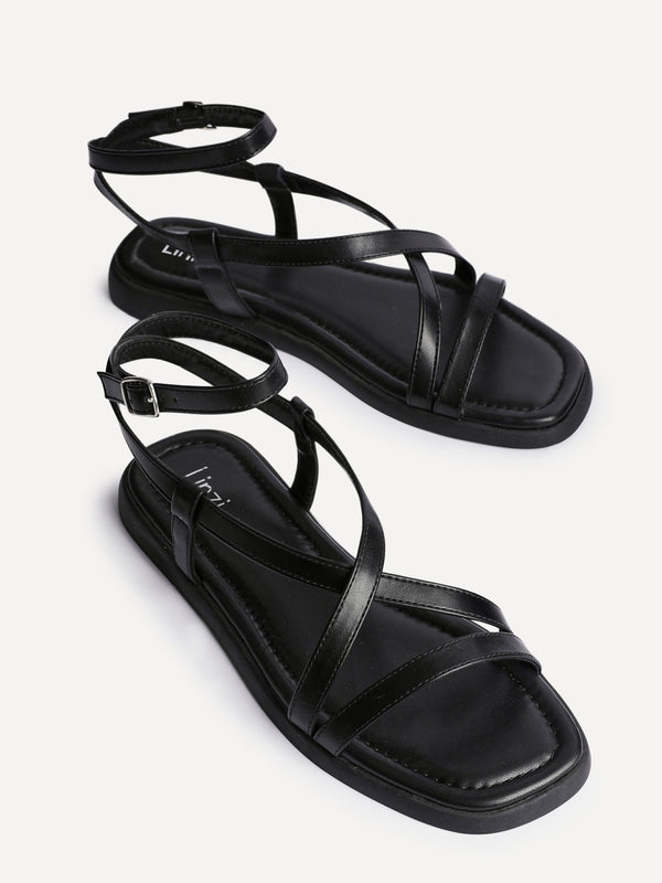 Linzi Black Faux Leather Strappy Flat Sandals