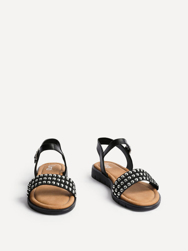 Linzi Black Faux Leather Studded Flat Sandals
