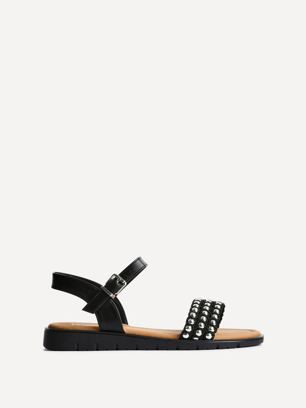 Linzi Black Faux Leather Studded Flat Sandals