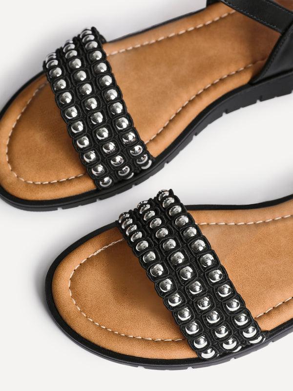 Linzi Black Faux Leather Studded Flat Sandals