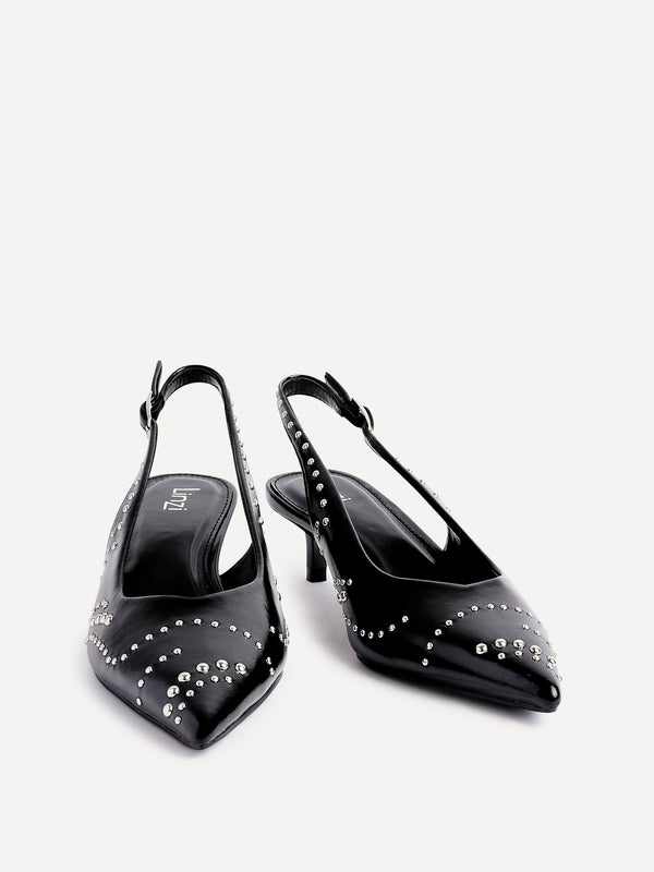 Linzi Black Faux Leather Studded Kitten Heels
