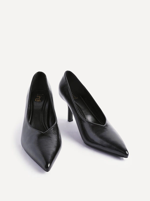 Linzi Black Faux Leather V-Cut Vamp Court Heels