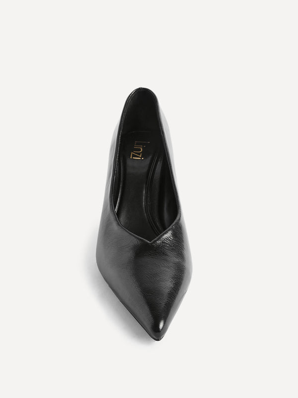 Linzi Black Faux Leather V-Cut Vamp Court Heels