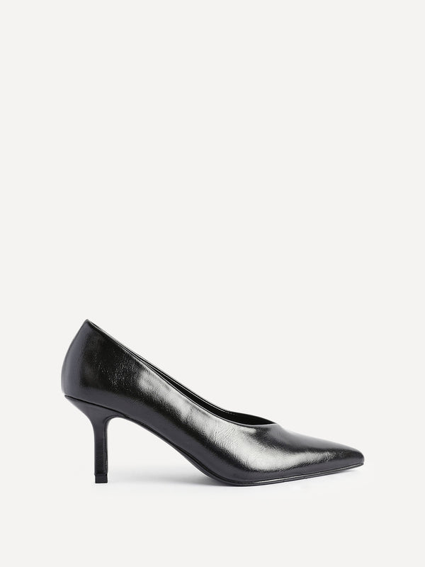 Linzi Black Faux Leather V-Cut Vamp Court Heels