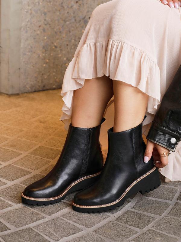 linzi Black Faux Leather Wedge Sole Chelsea Boot