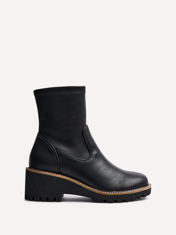 Linzi Black Faux Leather Wedged Heel Ankle Boot