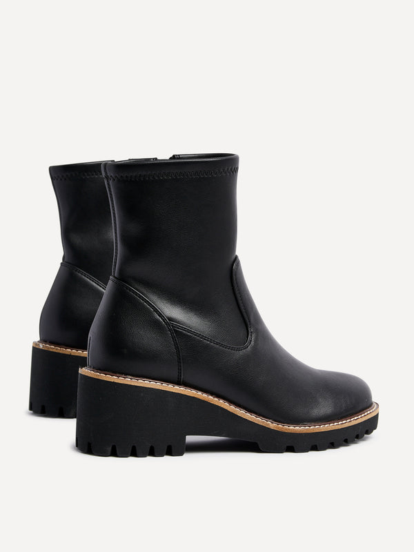 Linzi Black Faux Leather Wedged Heel Ankle Boot