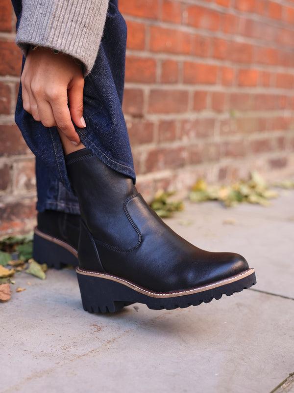 linzi Black Faux Leather Wedged Heel Ankle Boot