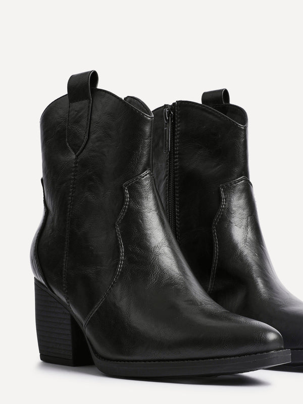 Linzi Black Faux Leather Western Ankle Boot