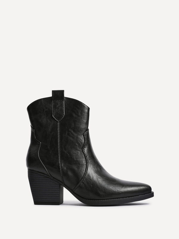 Linzi Black Faux Leather Western Ankle Boot
