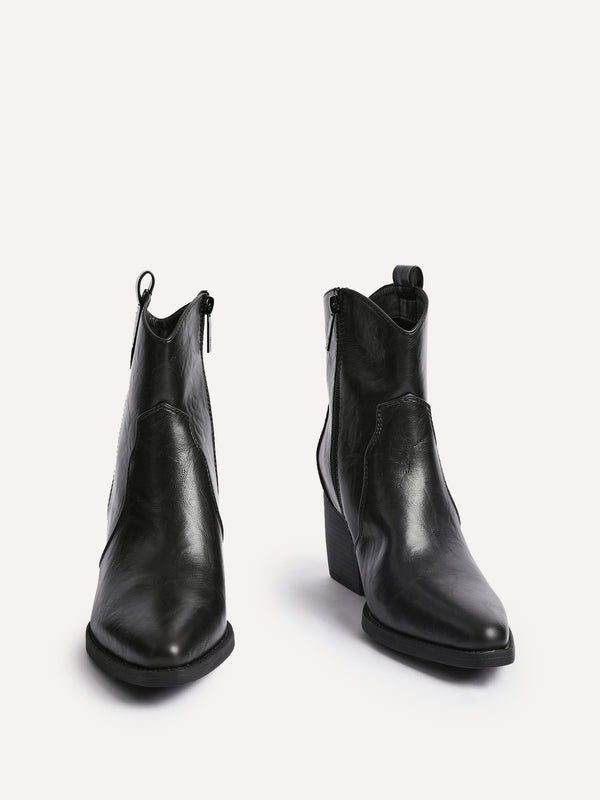 Linzi Black Faux Leather Western Ankle Boot