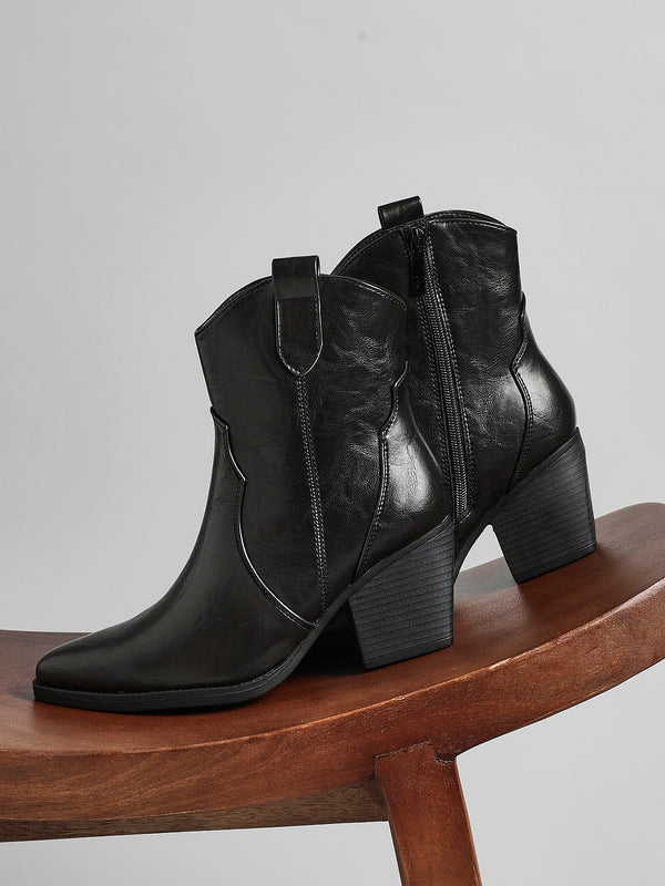 linzi Black Faux Leather Western Ankle Boot