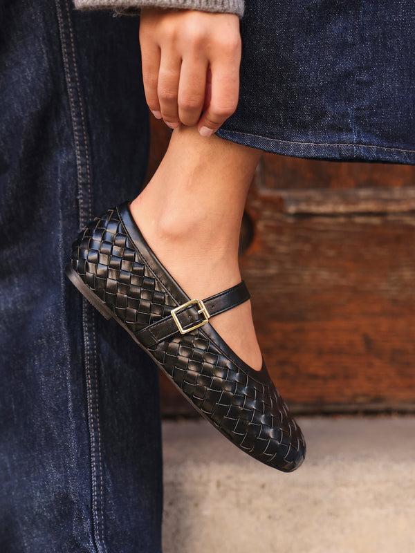 linzi Black Faux Leather Woven Mary Jane Pump