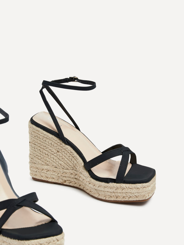 Linzi Black Faux Nubuck Strappy Rope Wedge