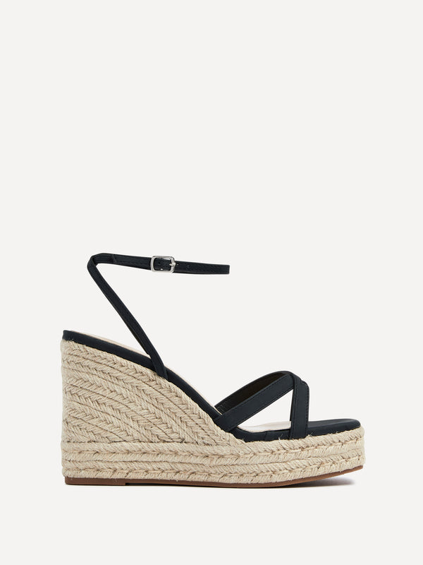 Linzi Black Faux Nubuck Strappy Rope Wedge