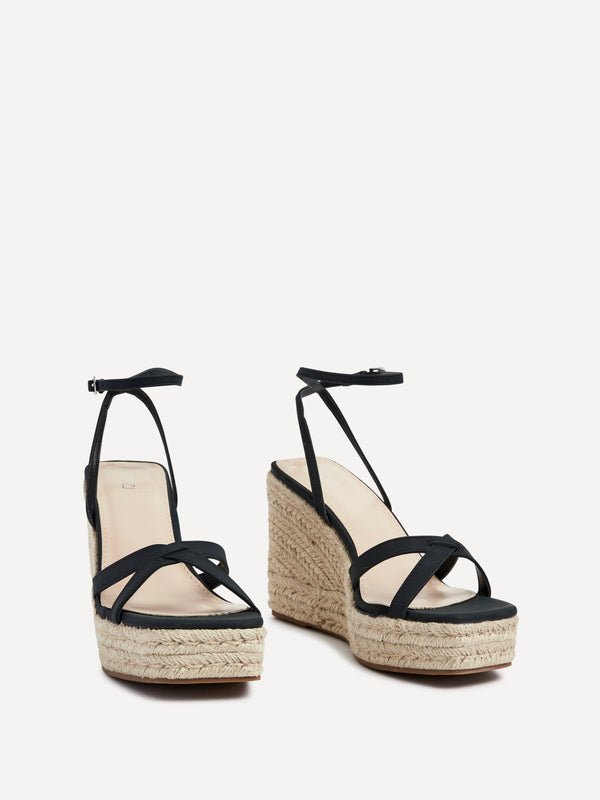 Linzi Black Faux Nubuck Strappy Rope Wedge