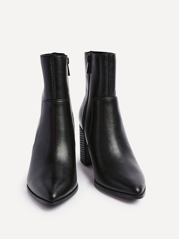 Linzi Black Faux Stretch Leather Heeled Ankle Boot