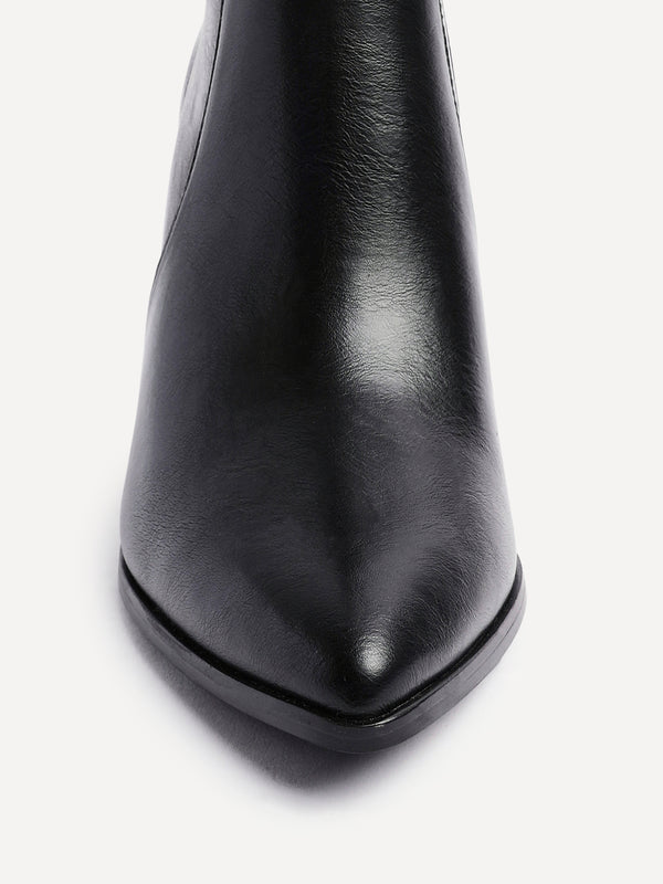 Linzi Black Faux Stretch Leather Heeled Ankle Boot