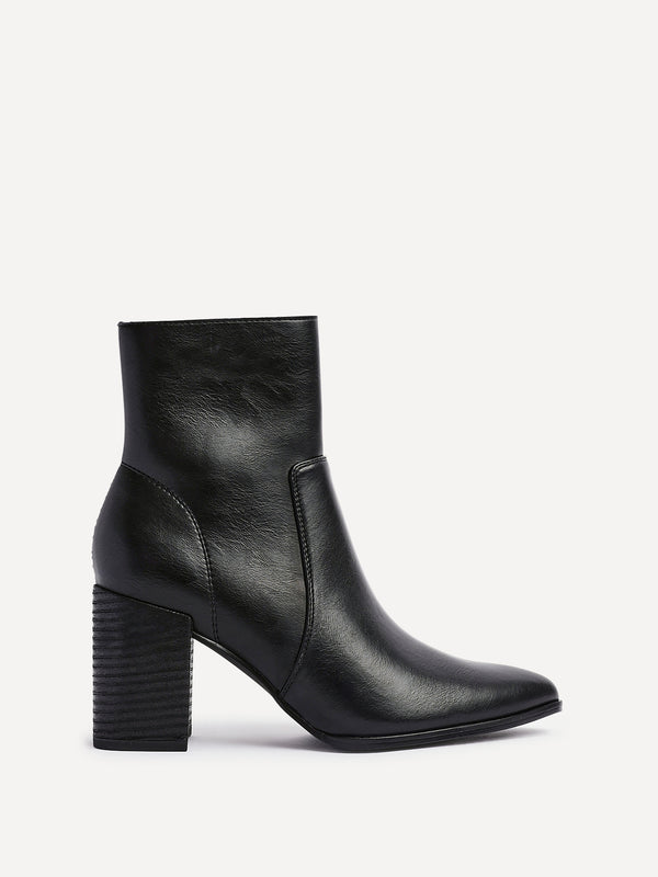 Linzi Black Faux Stretch Leather Heeled Ankle Boot