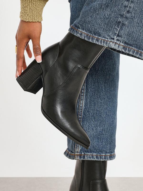 linzi Black Faux Stretch Leather Heeled Ankle Boot