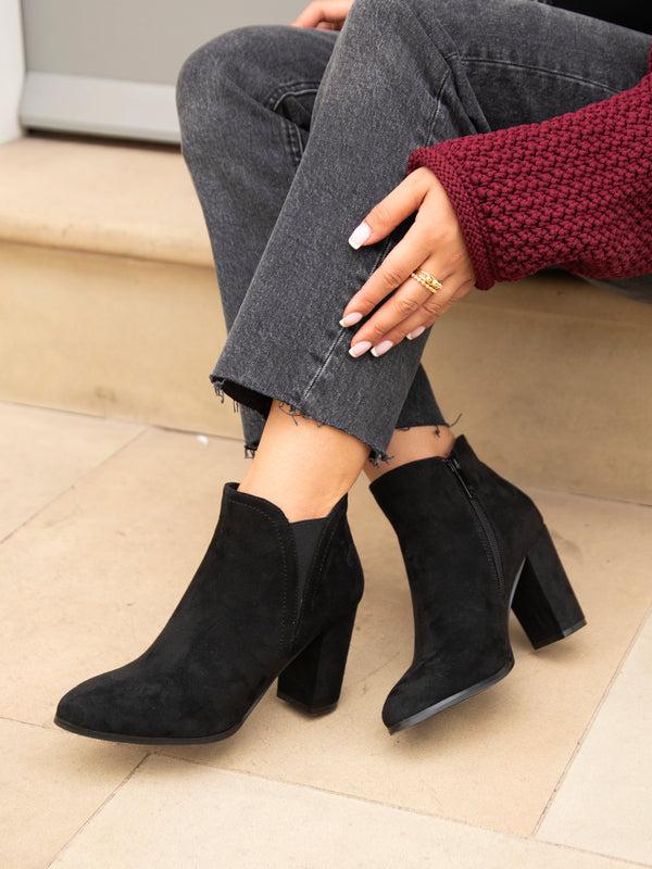 linzi Black Faux Suede Block Heeled Ankle Boot
