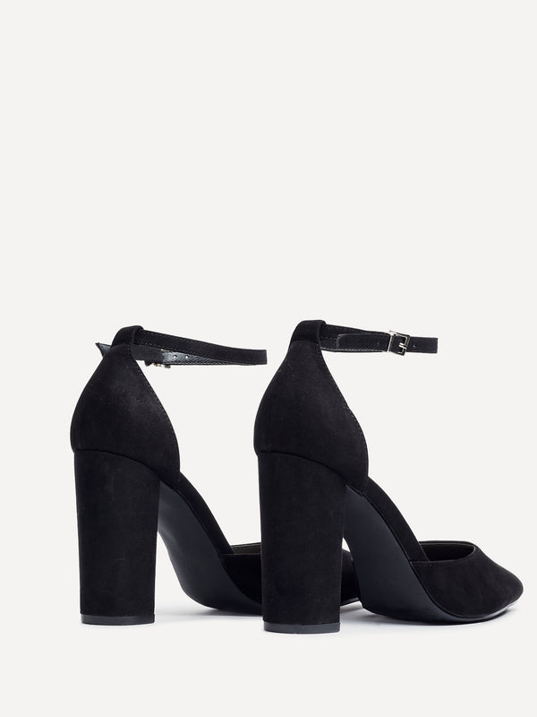 Linzi Black Faux Suede Block Heeled Court Shoe