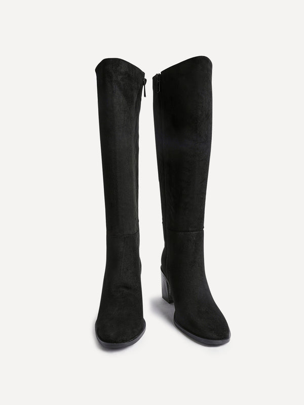 Linzi Black Faux Suede Block Heeled High Leg Boot