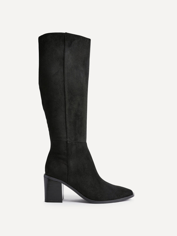 Linzi Black Faux Suede Block Heeled High Leg Boot