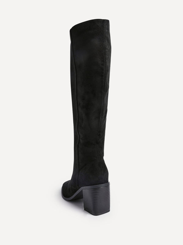 Linzi Black Faux Suede Block Heeled High Leg Boot