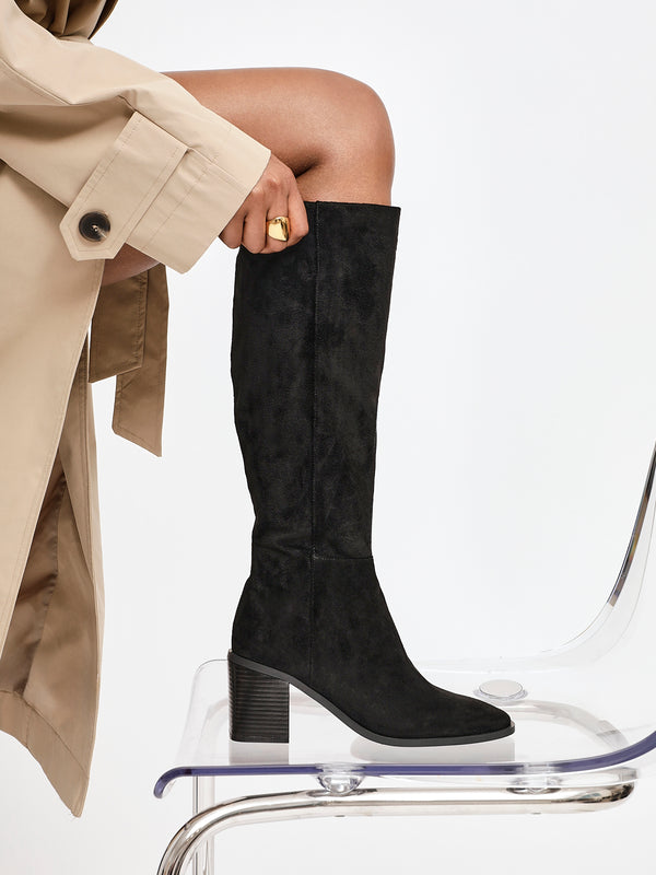 linzi Black Faux Suede Block Heeled High Leg Boot