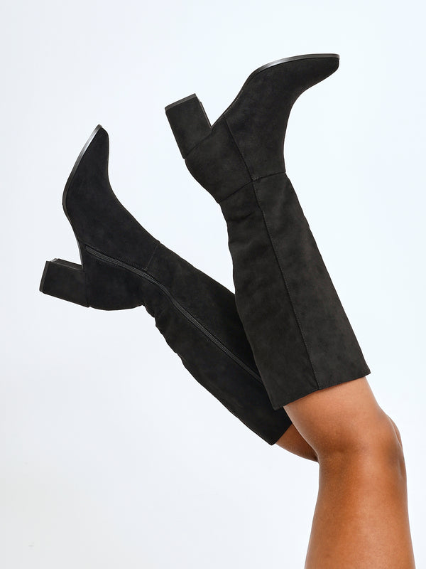 linzi Black Faux Suede Block Heeled Long Boot