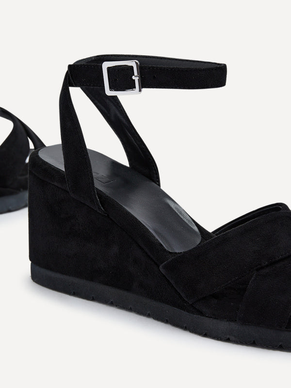 Linzi Black Faux Suede Covered Crossover Wedge