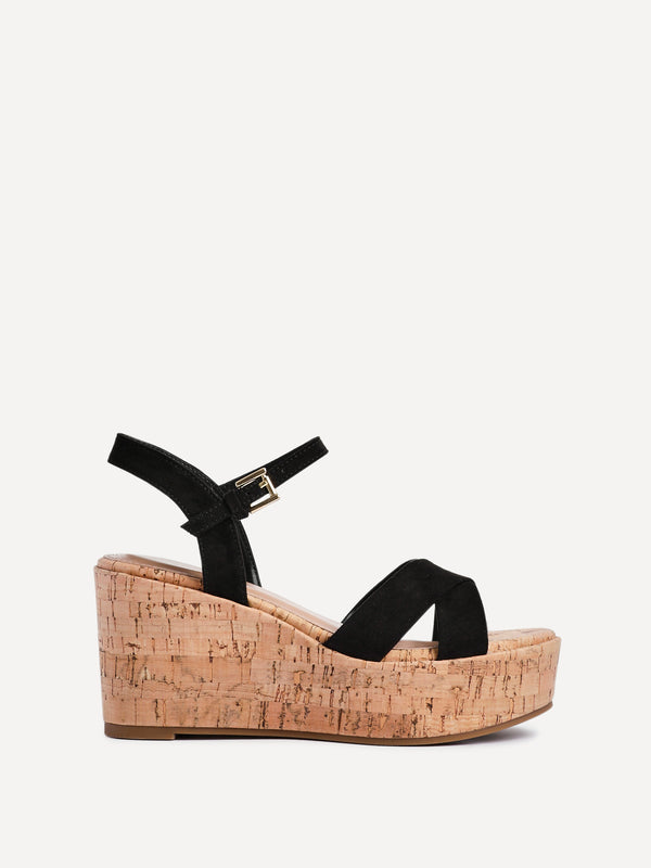 Linzi Black Faux Suede Crossover Cork Wedge
