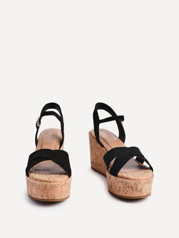 Linzi Black Faux Suede Crossover Cork Wedge
