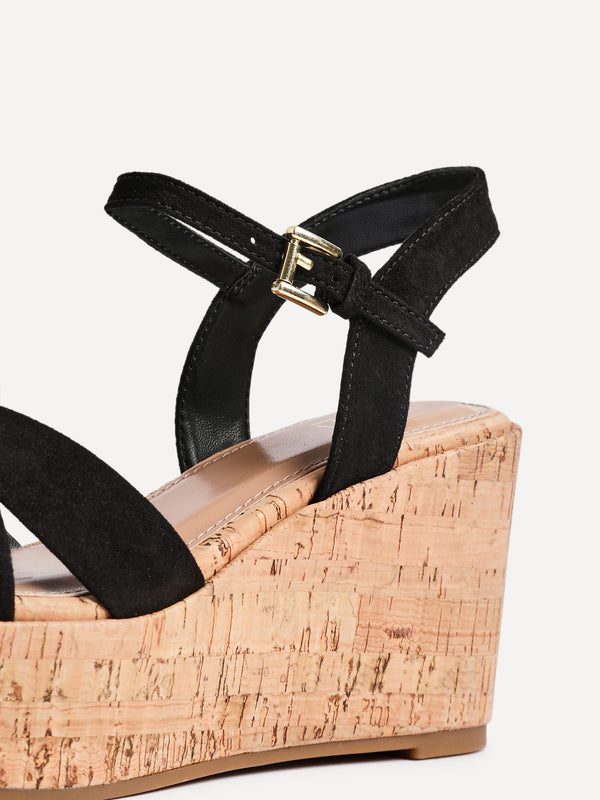 Linzi Black Faux Suede Crossover Cork Wedge
