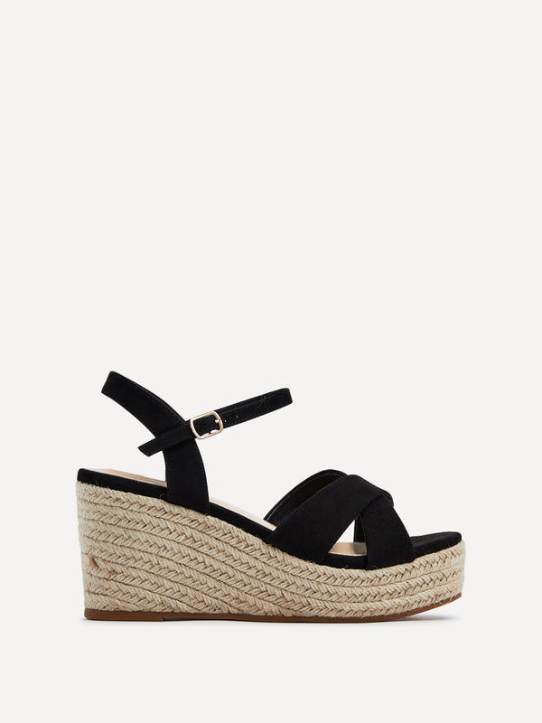 Linzi Black Faux Suede Crossover Rope Detail Wedge