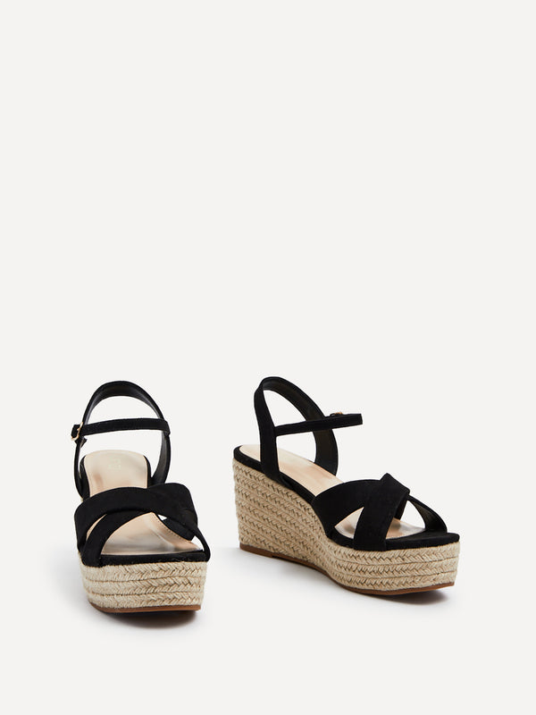 Linzi Black Faux Suede Crossover Rope Detail Wedge