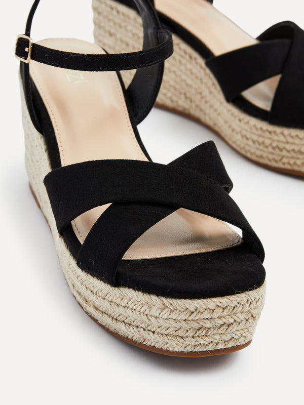 Linzi Black Faux Suede Crossover Rope Detail Wedge