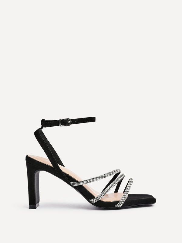 Linzi Black Faux Suede Diamante Block Heel