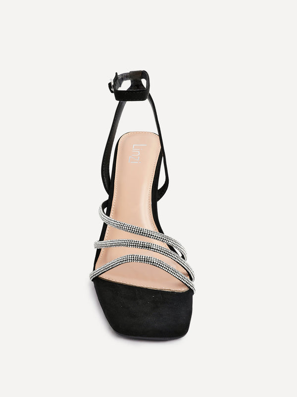 Linzi Black Faux Suede Diamante Block Heel