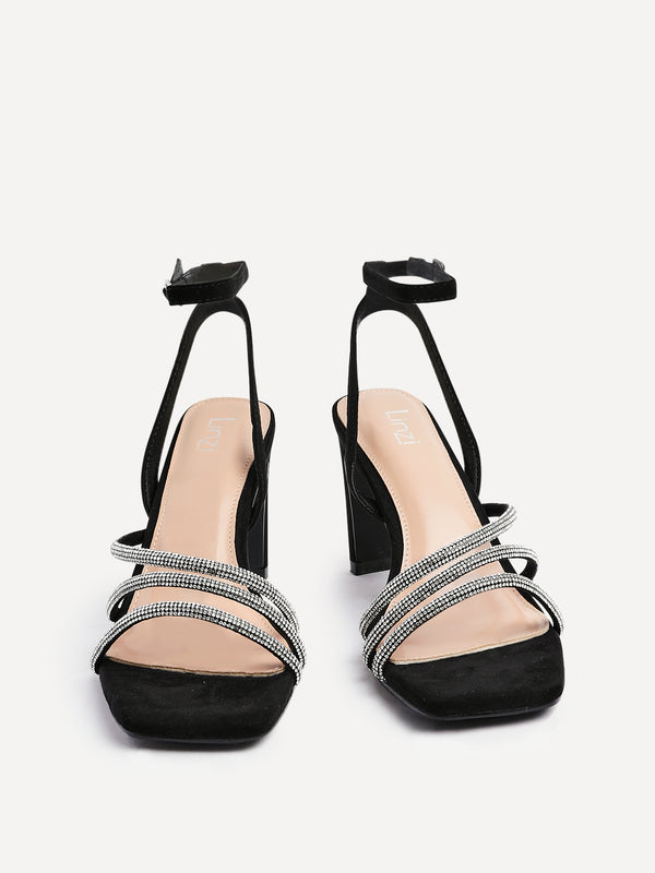 Linzi Black Faux Suede Diamante Block Heel
