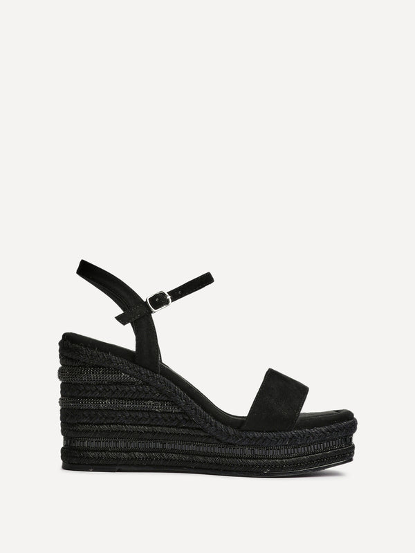Linzi Black Faux Suede Embellished Wedge