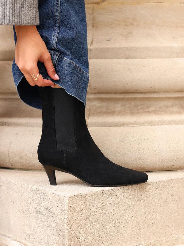 linzi Black Faux Suede Kitten Heel Chelsea Boot