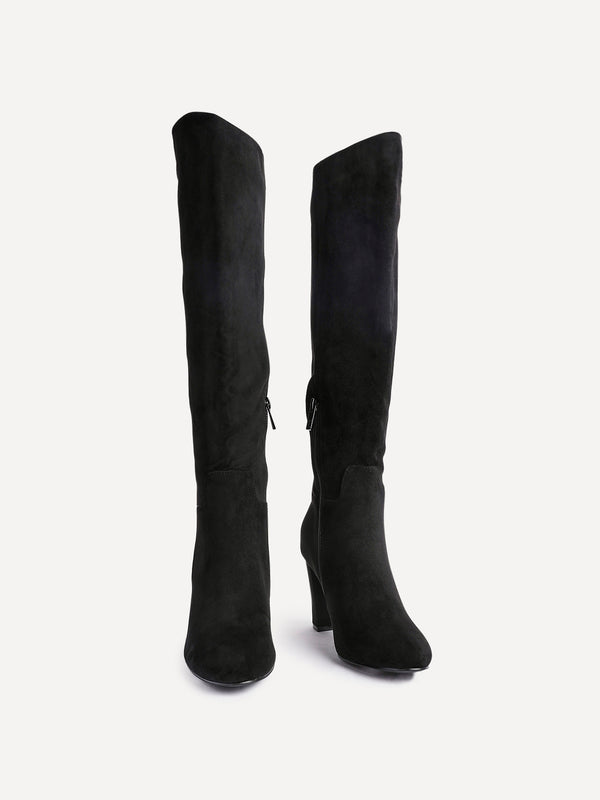 Linzi Black Faux Suede Knee High Block Heeled Boot