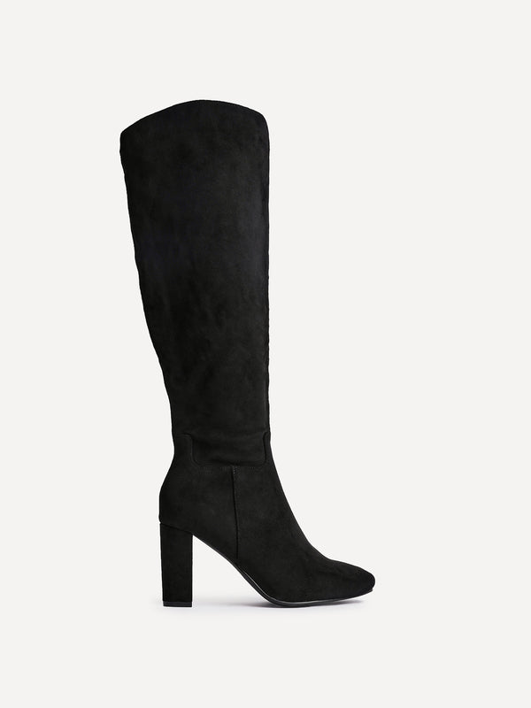 Linzi Black Faux Suede Knee High Block Heeled Boot