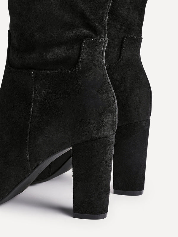 Linzi Black Faux Suede Knee High Block Heeled Boot