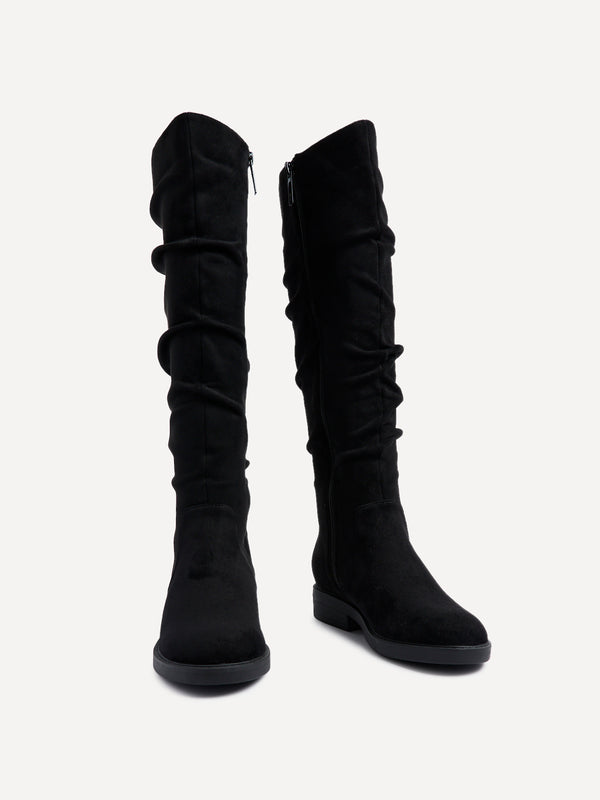 Linzi Black Faux Suede Knee High Flat Ruched Boots