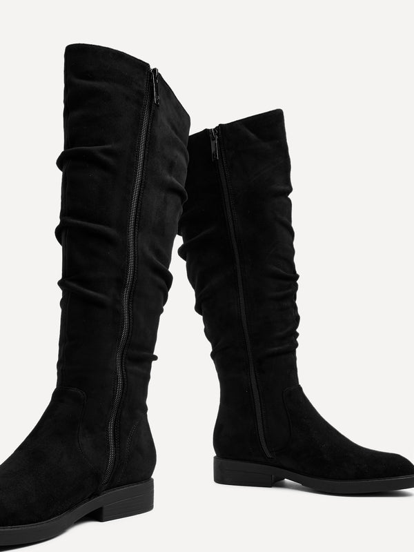 Linzi Black Faux Suede Knee High Flat Ruched Boots